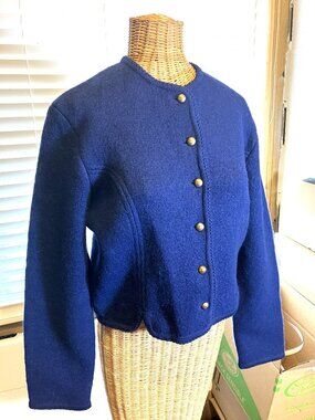 True Vintage TALLY HO Boiled Wool Blue Alpine Cardigan Sweater Jacket.  Sz XS/S